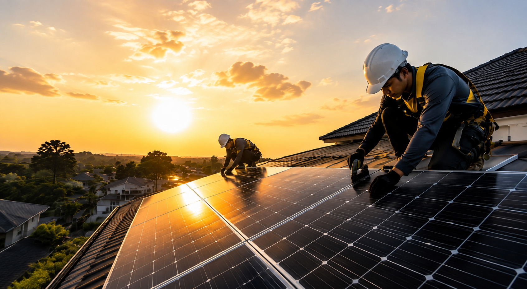 Solar panels installed on a Philippine rooftop under a golden sunset sky
